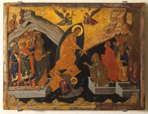 La descente chez Adès - icône 47,2x62cm, artiste anonyme à Constantinople, fin XIVe s. Collection Institut hellénique de Venise