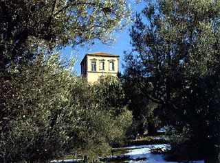 Paysage caractéristique de Lesbos avec demeure paysanne au milieu des oliveraies