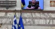 Le président ukrainien Volodymyr Zelensky, lors de son intervvention devant le Parlement grec, le 7 avril 2022. PHOTO LOUISA GOULIAMAKI / AFP


