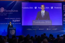 Le premier ministre grec, Kyriakos Mitsotakis, lors de la cérémonie d’ouverture du salon international du transport maritime, Posidonia, à Athènes, le 1ᵉʳ juin 2026. MARIOS LOLOS/XINHUA/MAXPPP
