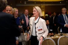 Maria Angelicoussis, PDG du groupe Angelicoussis, lors du salon international de transport maritime Posidonia, à Athènes (Grèce), le 1ᵉʳ juin 2026. LOUIZA VRADI