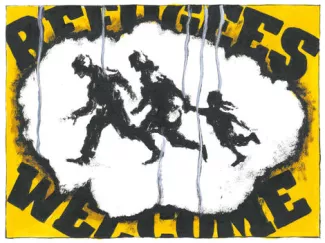 Après l’incendie de Moria, la bataille contre un nouveau camp Réfugiés bienvenus. Dessin de Kountouris paru dans Efimerida (Grèce).