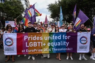 Lors de l'Europride 2024 à Thessalonique (Grèce), le 29 juin 2024. SAKIS MITROLIDIS / AFP