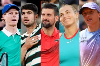 Jannik Sinner, Carlos Alcaraz, Novak Djokovic, Aryna Sabalenka et Iga Swiatek. (L'Equipe / Presse Sports)