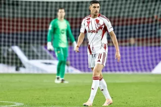 Roman Iaremtchouk sous le maillot de l'Olympiakos en octobre dernier. (M. Kawamori/Presse Sports)