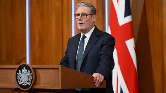 Le Premier ministre britannique Keir Starmer fait le point sur la situation au Moyen-Orient dans la salle de briefing de Downing Street à Londres, Angleterre, jeudi 5 mars 2026. -  Tous droits réservés  2026 Getty Images