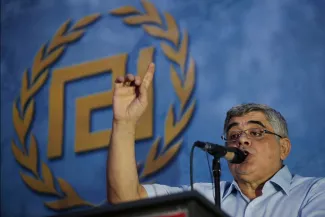 L'ancien chef d'Aube dorée, Nikolaos Michaloliakos, à Athènes, le 16 septembre 2015. LEFTERIS PITARAKIS / AP