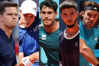 De gauche à droite, Alexander Blockx, Hamad Medjedovic, Daniel Vallejo, Dino Prizmic et Stefanos Tsitsipas. (Presse Sports)