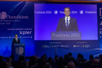 Le premier ministre grec, Kyriakos Mitsotakis, lors de la cérémonie d’ouverture du salon international du transport maritime, Posidonia, à Athènes, le 1ᵉʳ juin 2026. MARIOS LOLOS/XINHUA/MAXPPP 