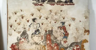 Femmes cueillant du safran, fresque d'Akrotiri à Théra (Santorin), XVIe siècle avant J.-C. Luisa Ricciarini / Bridgeman Ima