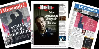 Victoire de Syriza : "Le discours européen a été mis en échec" Unes de "L'Humanité", de "Libération" et du "Figaro", lundi 26 janvier 2015. (Capture d'écran epress)