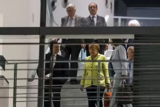 Grèce : les Européens veulent accélérer Angela Merkel, Mario Draghi, Francois Hollande et Jean-Claude Juncker à Berlin, le 1er juin 2015.