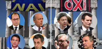Le référendum grec divise les politiques en France aussi En France, les partisans du Non sont plus prompts à faire campagne que ceux du Oui. (Montage Obs - TV)