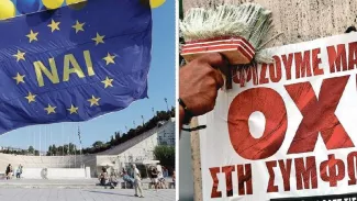 Les Grecs jouent l'Europe à quitte ou double Les partisans du oui (à gauche) et ceux du non affichaient leurs couleurs, vendredi, à Athènes.