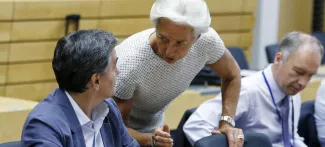 Le ministre grec des Finances, Euclide Tsakalotos, et la présidente du FMI, Christine Lagarde, le 11 juillet à Bruxelles. Crédits photo : FRANCOIS LENOIR/REUTERS


