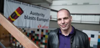 L'ancien ministre des Finances grec Yanis Varoufakis à Berlin en marge d'un meeting du mouvement anti-austérité "Blockupy" le 7 février. (Jörg Carstensen / dpa / AFP)


