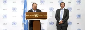 Echec des pourparlers sur Chypre à Crans-Montana Le secrétaire général de l'ONU Antonio Guterres s'adresse à la presse, vendredi 7 juillet 2017. © SALVATORE DI NOLFI/KEYSTONE