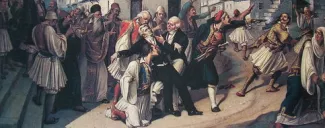 L'assassinat de Capo d'Istria sur le parvis de l'église Saint Spyridon à Nauplie, vu par Charalambos Pachis (1844-1891). (Détail.) © Musée de Corfou/fr.wikipedia.org


