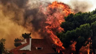 Une maison détruite par un violent incendie à Kineta, près d'Athènes, le 23 juillet 2018 en Grèce



