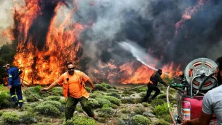 Incendies: l'île grecque d'Evia évacuée Des pompiers tente d'éteindre un feu de forêt près du village de Kineta, dans la banlieue d'Athènes, le 24 juillet 2018.