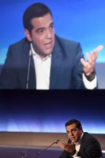 A Thessalonique, Aléxis Tsípras donne son «premier discours hors des mémorandums» Le Premier ministre grec, Aléxis Tsípras, à Thessalonique ce dimanche.