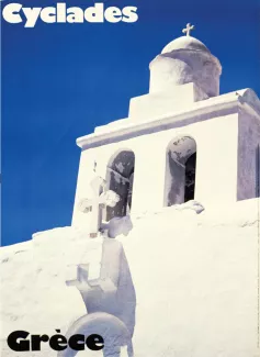 Affiche de l'Office hellénique du tourisme faisant la promotion du tourisme dans les Cyclades en 1973.