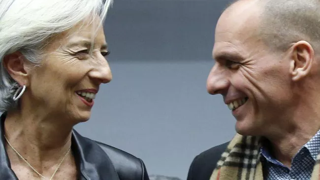 Christine Lagarde, présidente du FMI, et Yanis Varoufakis, ministre des Finances grec. Crédits photo : FRANCOIS LENOIR/REUTERS


