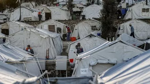Le camp de migrants de Moria sur l'île grecque de Lesbos le 19 mars 2019


