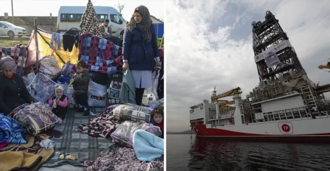 A gauche, des réfugiés à Evros, à la frontière turco-grecque, le mardi 3 mars 2020. A droite, le bateau turc de prospection pétrolière, Yavuz.


