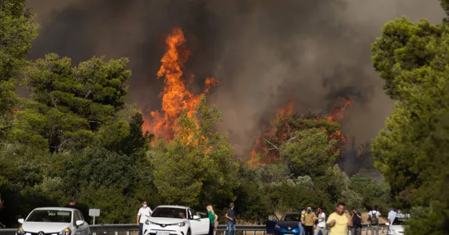 Grèce : à Mandra, près de la forêt en feu, les Canadair surfent sur un vent étouffant.