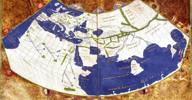Carte du monde d'après Claude Ptolémée (v.100-168), manuscrit du XVe siècle (Venise, Biblioteca Marciana). L'un des ouvrages majeurs du savant grec, la «Géographie», fut traduit en latin en 1409 par Jacopo Angeli. Il sera une véritable bible pour les cartographes du XVe siècle. Luisa Ricciarini/opale.photo