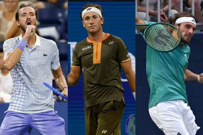 Daniil Medvedev, Casper Ruud et Stefanos Tsitsipas traversent une passe compliquée cette saison. (G. Burke/D. Hamilton/Reuters)
