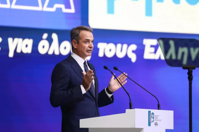 Le premier ministre grec, Kyriakos Mitsotakis, au Thessaloniki International Fair, à Thessalonique (Grèce), samedi 6 septembre 2025. GIANNIS PAPANIKOS/AP