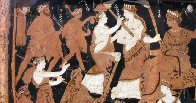 Plaque votive représentant des éléments des Mystères d’Éleusis. La tablette représente Iacchus conduisant une procession d’initiés aux Mystères. Il s’agit de la seule représentation originale connue des rites d’initiation aux Mystères. Musée Archéologique National d'Athènes