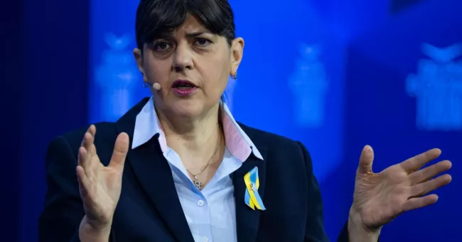 La procureure générale européenne Laura Codruta Kovesi s'exprime lors du Forum économique de Delphes, à Delphes, le 23 avril 2026.