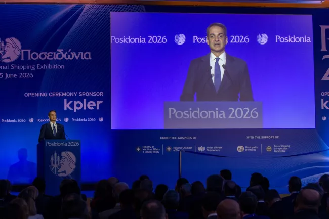 Le premier ministre grec, Kyriakos Mitsotakis, lors de la cérémonie d’ouverture du salon international du transport maritime, Posidonia, à Athènes, le 1ᵉʳ juin 2026. MARIOS LOLOS/XINHUA/MAXPPP 