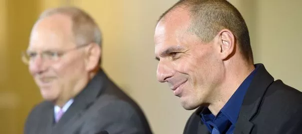 Le ministre grec des Finances Yanis Varoufakis (à droite) et son homologue allemande Wolfgang Schaüble, lors d'une conférence de presse, le 5 février 2015 à Berlin.


