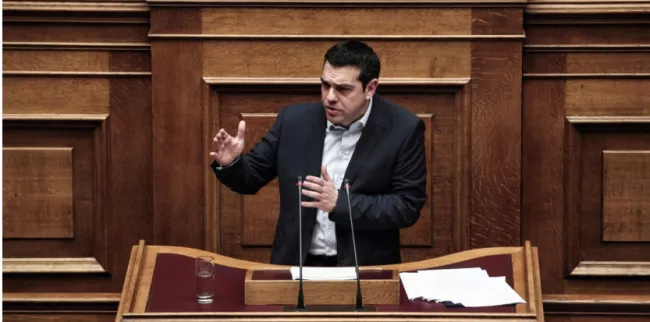 Le Premier ministre grec Alexis Tsipras devant le Parlement le 8 février 2015. (Nikos Libertas / SOOC / AFP )


