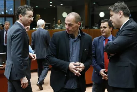 Le patron de l'Eurogroupe Jeroen Dijsselbloem, le ministre grec des Finances Yanis Varoufakis et Boris Lalovac, le ministre croate des Finances. ©Reuters.


