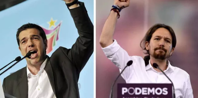 Photo de gauche : Alexis Tsipras, président de Syriza, 40 ans. Photo de droite : Pablo Iglesias, Secrétaire général de Podemos, 36 ans. (Louisa Gouliamaki - Dani Pozo / AFP PHOTO)


