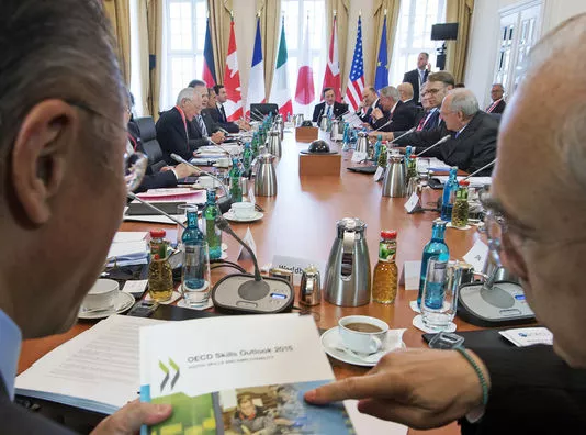 Les ministres des finances du G7 et les banquiers centraux réunis à Drede, en Allemagne, le 28 mai.


