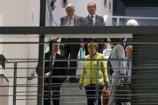 Angela Merkel, Mario Draghi, Francois Hollande et Jean-Claude Juncker à Berlin, le 1er juin 2015.


