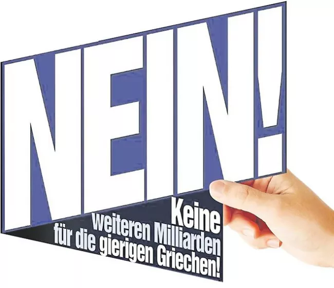 Lors du dernier vote du Bundestag sur la Grèce, le 27 février 2015, le « Bild Zeitung » avait ouvertement milité contre un nouveau plan d'aide à la Grèce, invitant ses lecteurs à se prendre en photo avec une page du journal barrée d'un grand « NEIN », « pas de milliards supplémentaires pour ces Grecs cupides ». - Photo Shutterstock ; « Bild »


