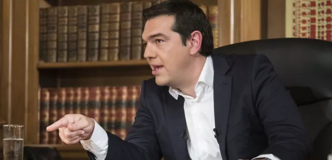 Le Premier ministre grec lors de son interview télévisée le 14 juillet 2015. (ANDREA BONETTI / PRIME MINISTER OFFICE / AFP)


