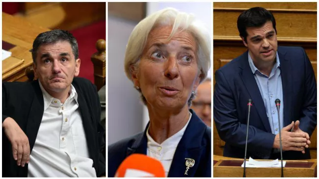 De gauche à droite: Euclide Tsakalotos, ministre grec des Finances, Christine Lagarde, directrice du FMI et Alexis Tsipras, premier ministre grec.


