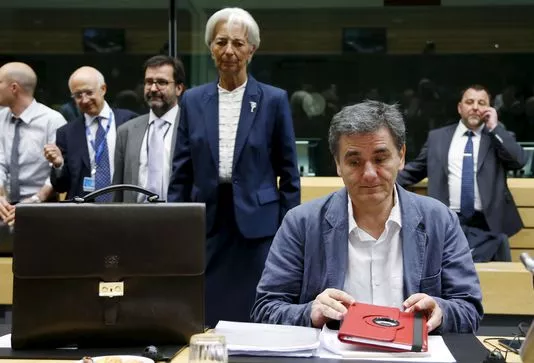 Le ministre des finances grec, Euclid Tsakalotos, et la directrice générale du FMI, Christine Lagarde.


