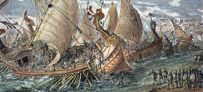 Bataille navale dans le port de Syracuse pendant les guerres du Péloponnèse, 431-404 av. J.-C. qui opposerent Sparte a Athènes pour l'hégémonie du monde grec (gravure du XIXe siecle). Crédits photo : Granger NYC/© Granger NYC/Rue des Archives


