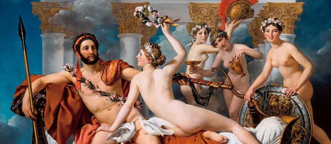 Vaincu. « Mars désarmé par Vénus et par les Grâces » (détail) de Jacques-Louis David (1824). L'épisode des amours contrariées et adultères entre Aphrodite-Vénus et Arès-Mars provoque notamment le rire des dieux dans « L'Odyssée ». © DeAgostini/Leemage


