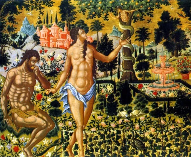 Theodoros Poulakis - Le péché originel (détail de Επί Σοί Χαίρει, ≃1650, musée Benakis, Athènes)