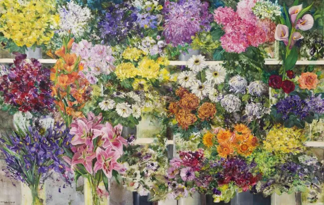 Anna-Maria Tsakali - Boutique des fleurs 2017, Huile sur toile et Tempera, 103 x 157 cm